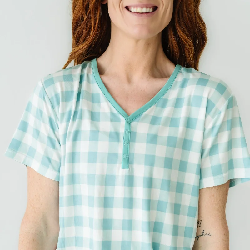 Aqua Gingham Women's Short Sleeve Pajama Top