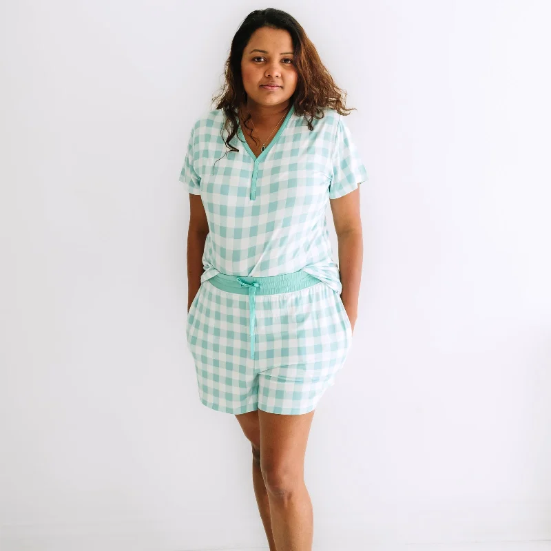 Aqua Gingham Women's Short Sleeve Pajama Top