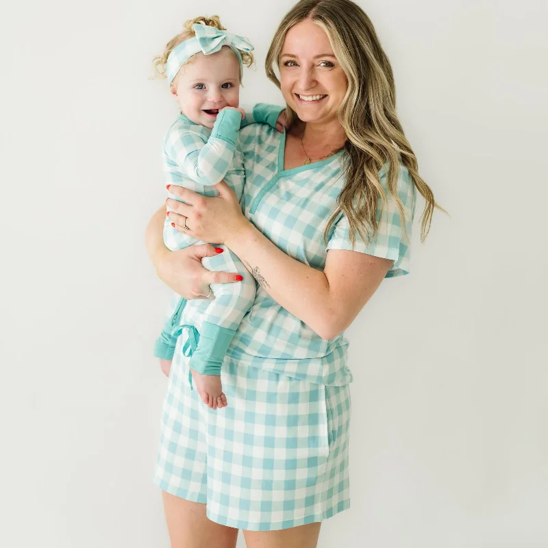 Aqua Gingham Women's Short Sleeve Pajama Top