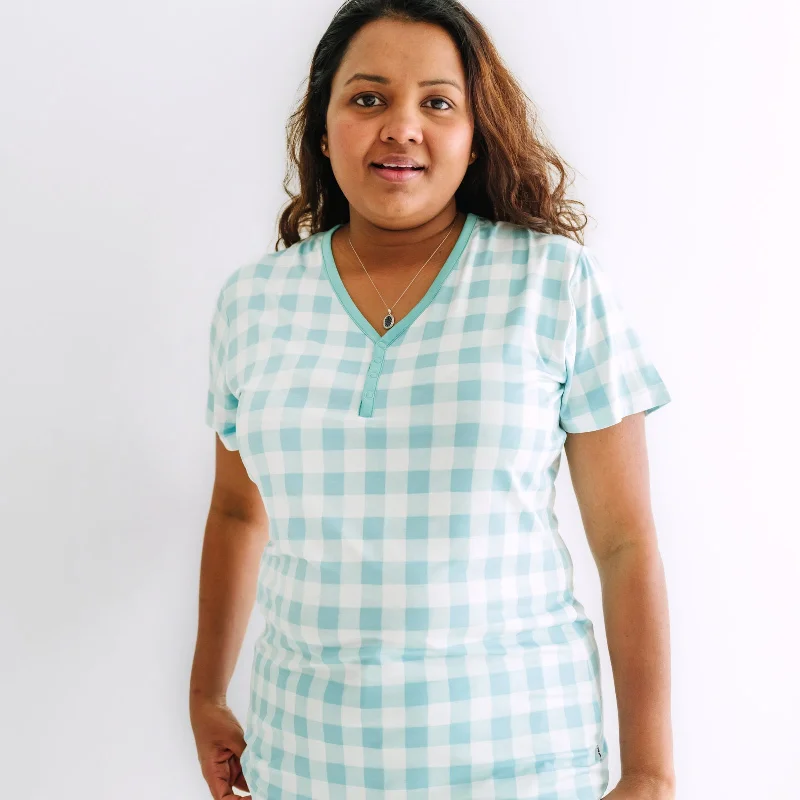 Aqua Gingham Women's Short Sleeve Pajama Top