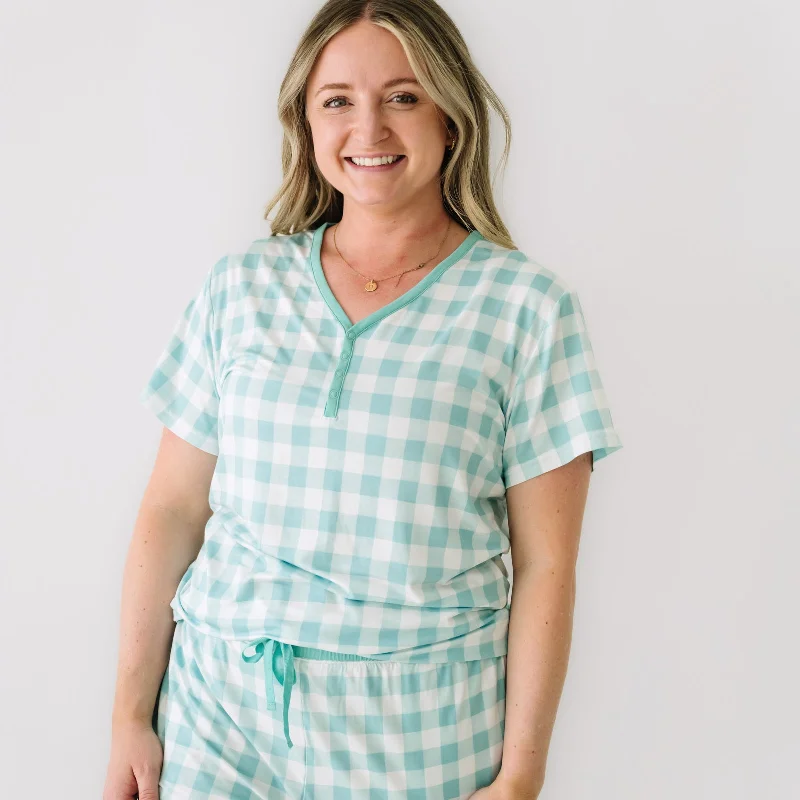 Aqua Gingham Women's Short Sleeve Pajama Top