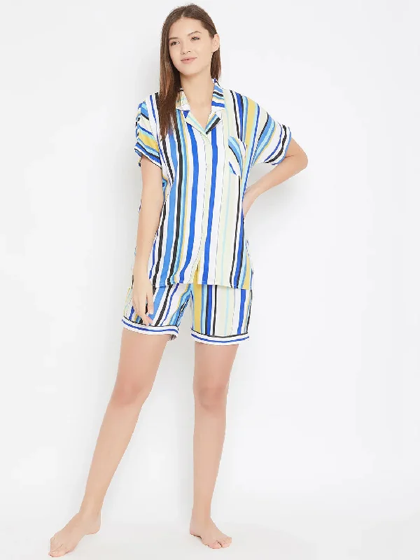 Blue and White Striped Shirt and Shorts Set