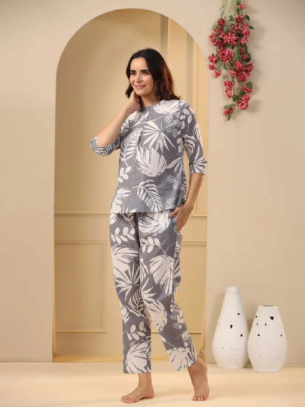 Grey Cotton Printed Night Suit Set with Pajama