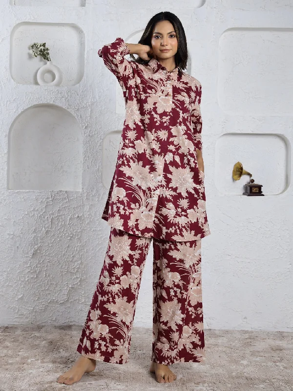 MAROON Red Printed cotton co-ord set