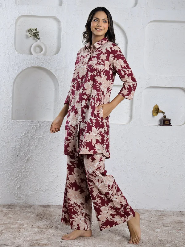 MAROON Red Printed cotton co-ord set