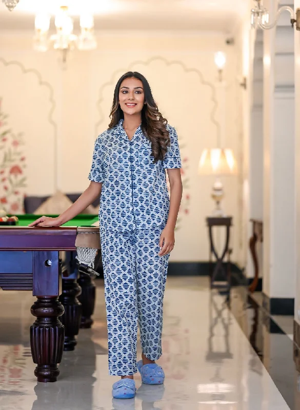 Blue/White Cotton Printed Night Suit Set with Payjama