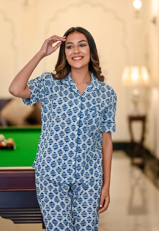 Blue/White Cotton Printed Night Suit Set with Payjama