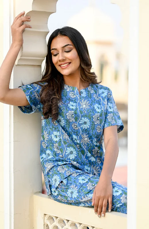 Indigo Cotton Printed Night Suit Set with Payjama