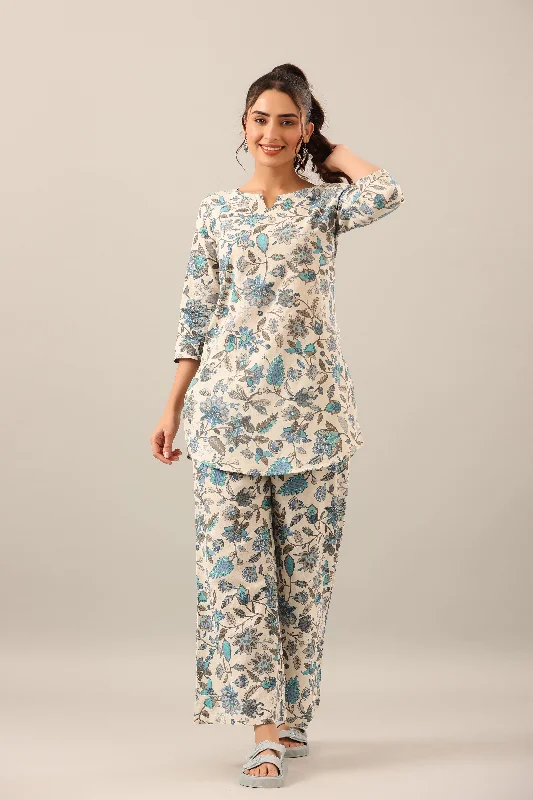 Marine Jaal On Off White Cotton Flex Loungewear Set