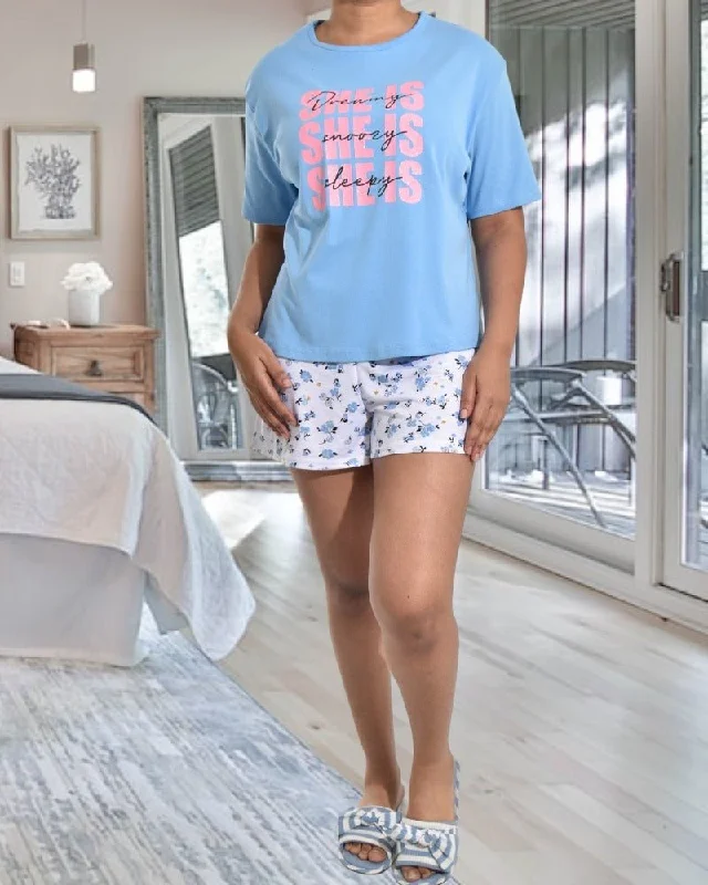 Ladies Printed Blue Shorty Pj Set