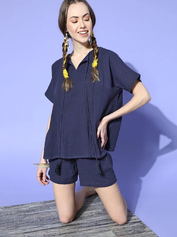 Navy Blue Top Organic Cotton and Shorts Set