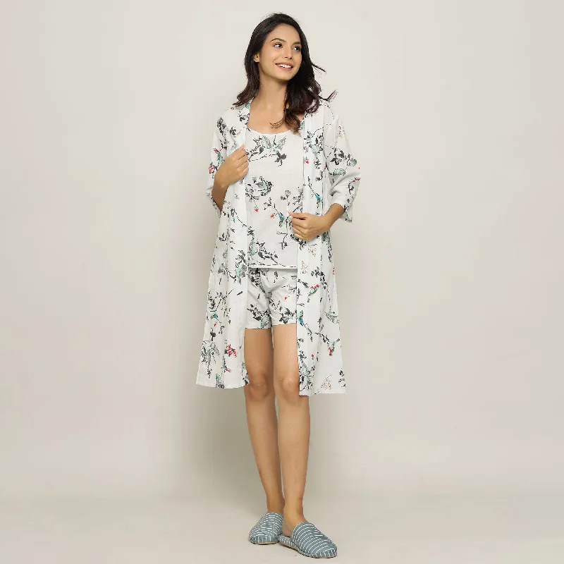 Off-White Cotton Printed  3 PEICE Night Suit Set