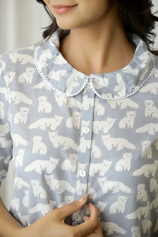 Grey White Cotton Cat Printed Peter pan collared Night Suit short Set