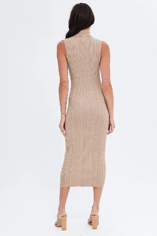 Beige Midi Dress Turtle Neck Bodycon Knitted Rib