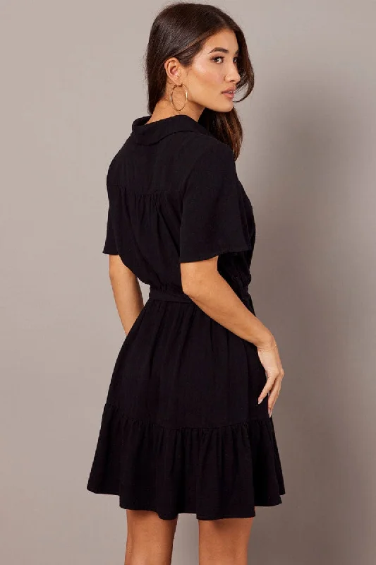 Black Fit And Flare Dress Wing Sleeve