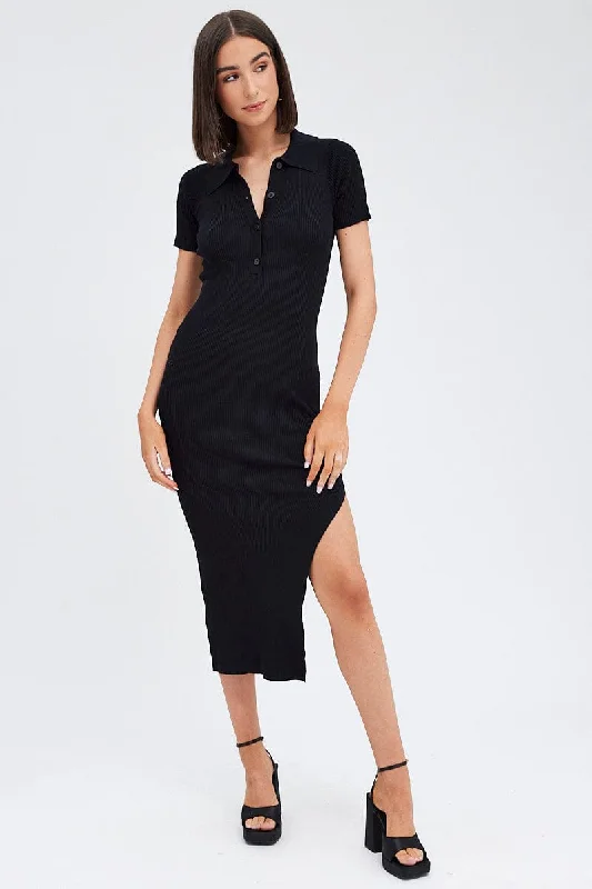 Black Knit Dress Short Sleeve Maxi Collared