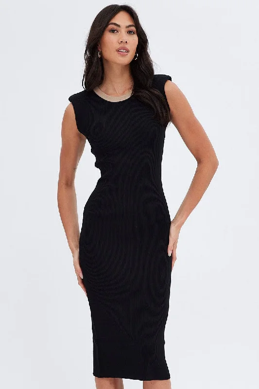 Black Knit Dress Sleeveless Round Neck Midi Shoulder Pad