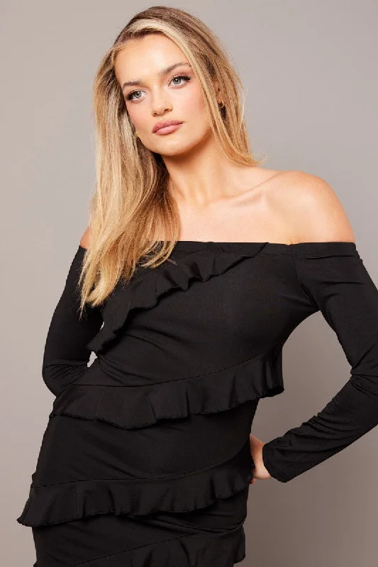 Black Maxi Dress Off Shoulder Ruffle Bardot Dress