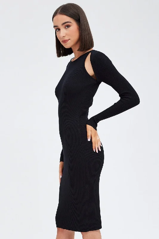 Black Midi Dress Long Sleeve Keyhole Bodycon Rib Knit