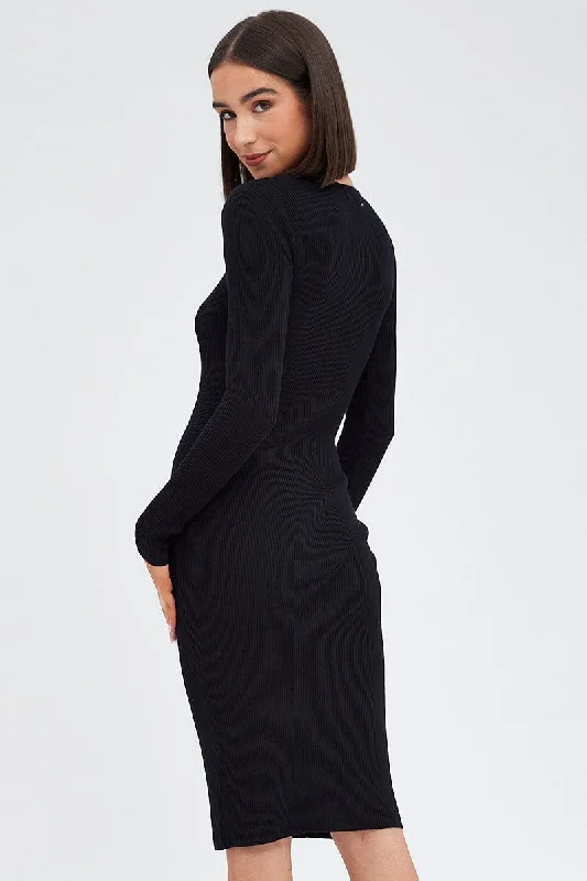 Black Midi Dress Long Sleeve Keyhole Bodycon Rib Knit