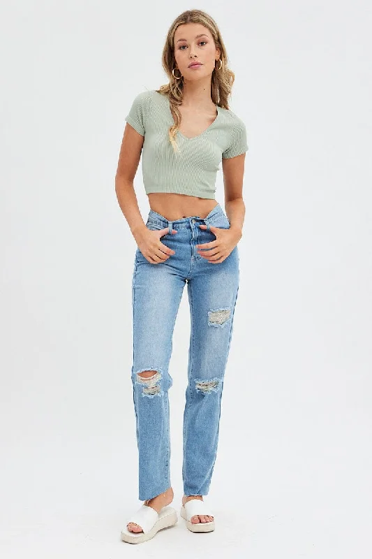 Blue Baggy Denim Jean Mid Rise