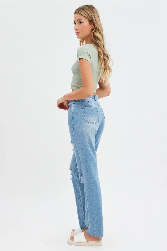 Blue Baggy Denim Jean Mid Rise