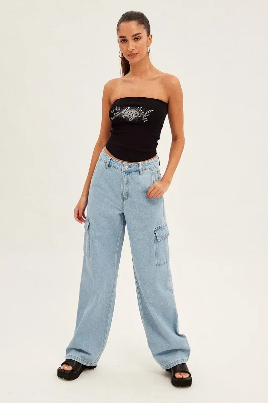 Blue Cargo Denim Jeans High Rise