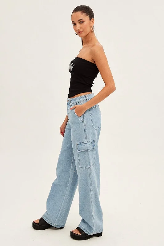 Blue Cargo Denim Jeans High Rise