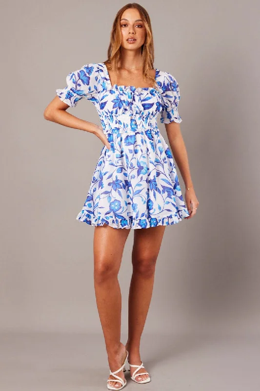 Blue Floral Fit And Flare Dress Puff Sleeve