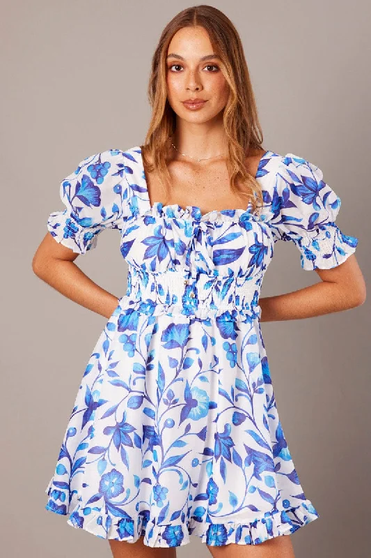 Blue Floral Fit And Flare Dress Puff Sleeve