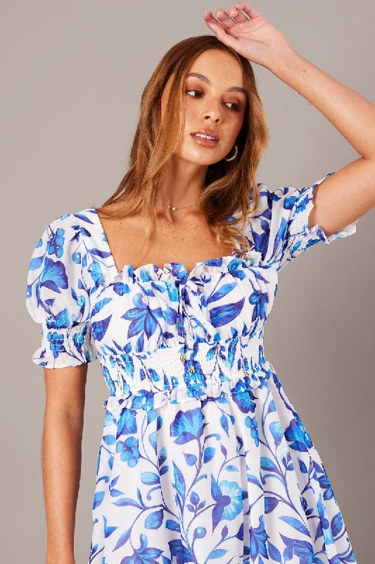 Blue Floral Fit And Flare Dress Puff Sleeve