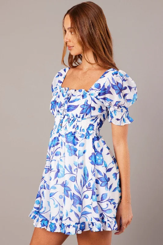 Blue Floral Fit And Flare Dress Puff Sleeve