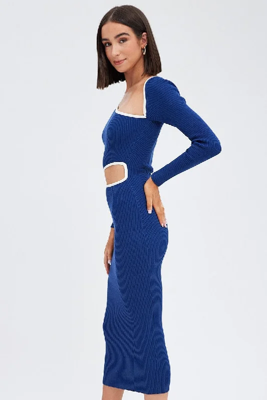 Blue Knit Dress Midi Long Sleeve Cut Out