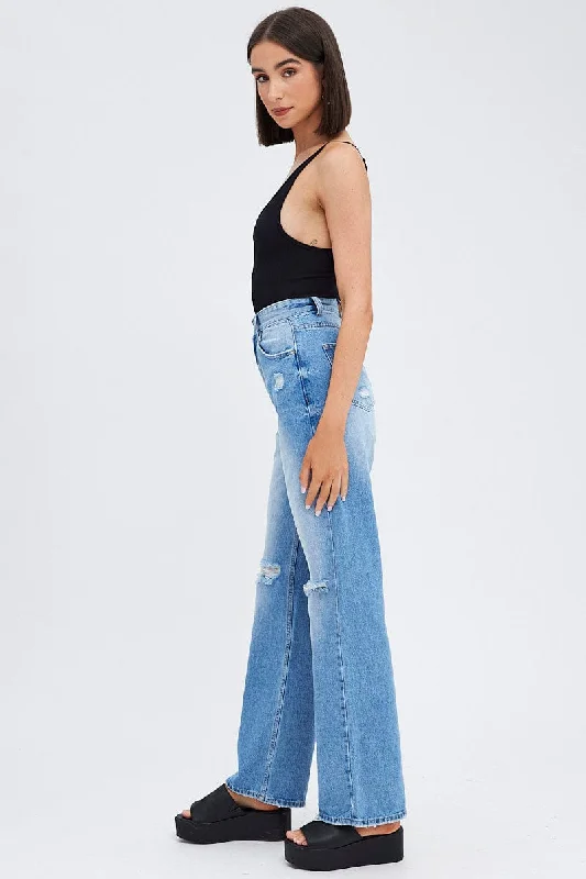 Blue Wide Leg Denim Jeans High rise