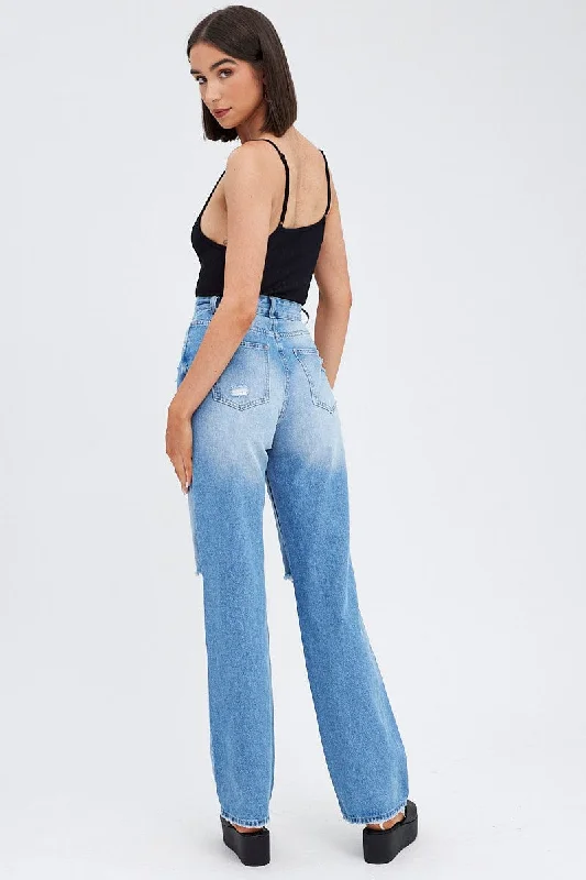 Blue Wide Leg Denim Jeans High rise