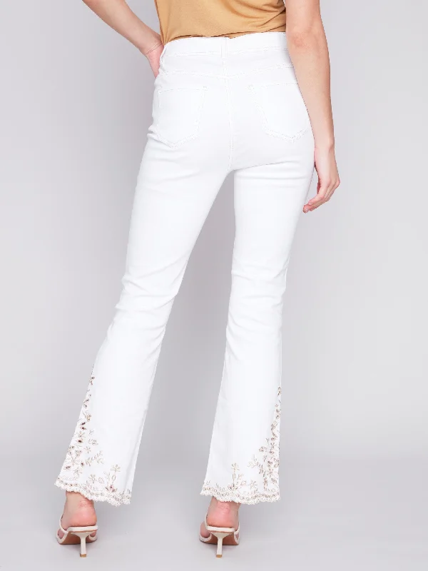 Bootcut Twill Jeans with Embroidery - White