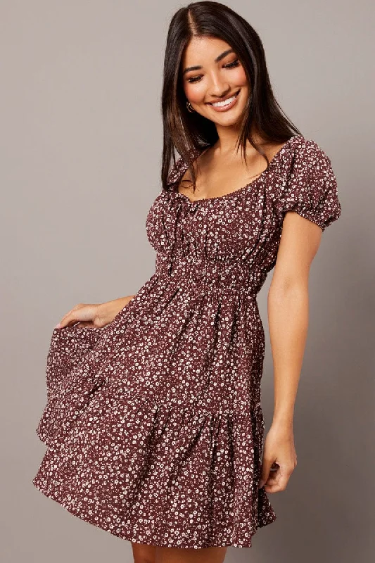 Brown Ditsy Fit And Flare Dress Puff Sleeve Mini