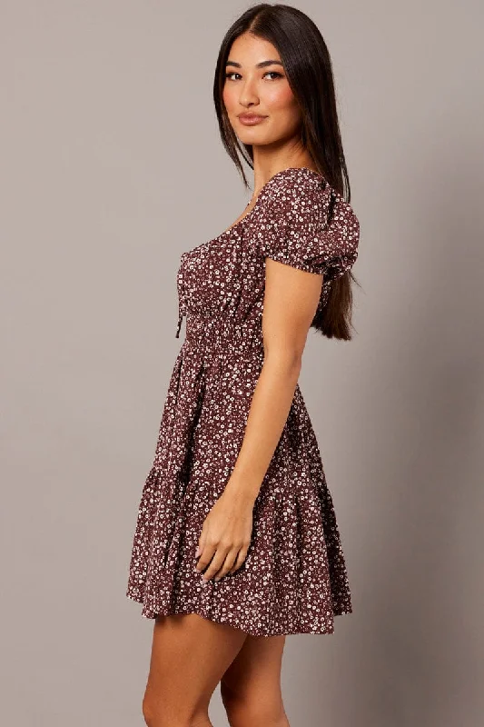 Brown Ditsy Fit And Flare Dress Puff Sleeve Mini