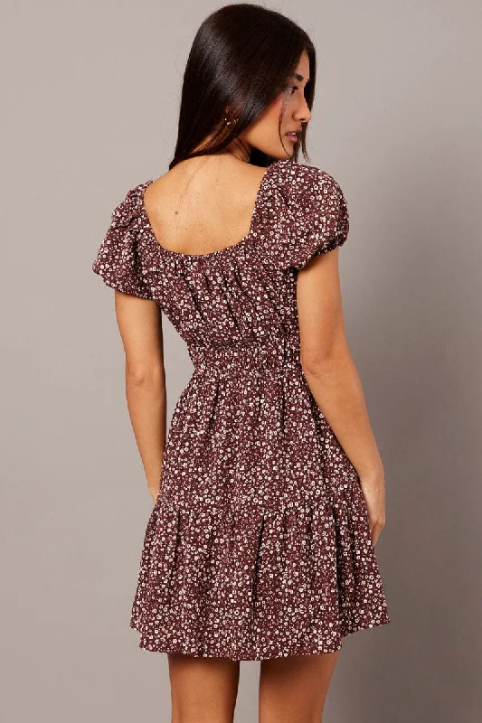 Brown Ditsy Fit And Flare Dress Puff Sleeve Mini