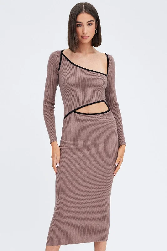 Brown Knit Dress Midi Long Sleeve Cut Out