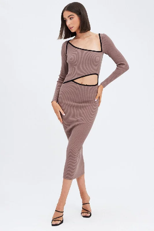 Brown Knit Dress Midi Long Sleeve Cut Out