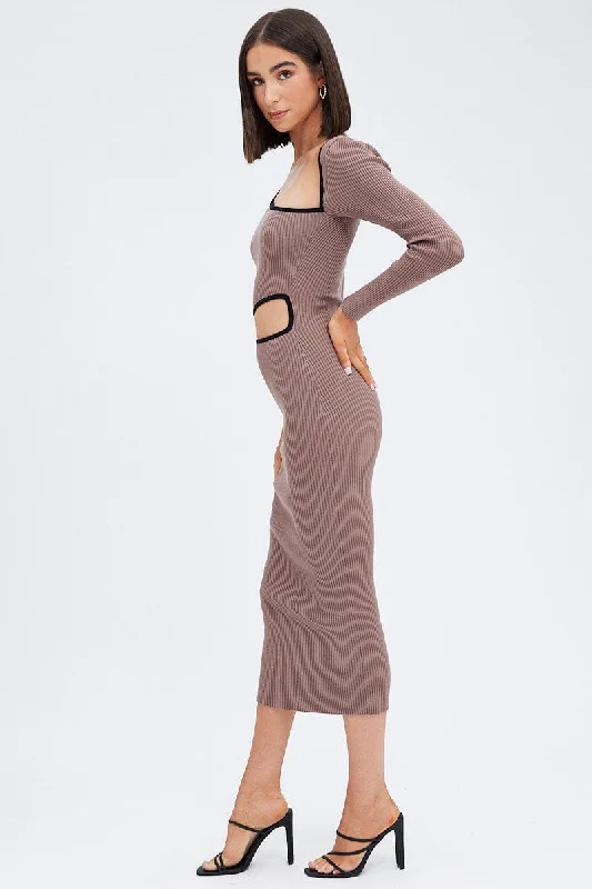 Brown Knit Dress Midi Long Sleeve Cut Out