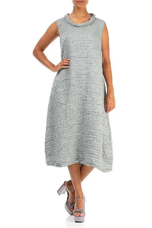 Cowl Neck Crinkled Sage Silk Linen Dress