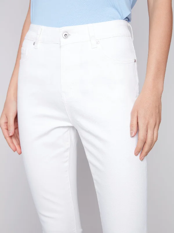 Cropped Bootcut Twill Pants with Asymmetrical Hem - White