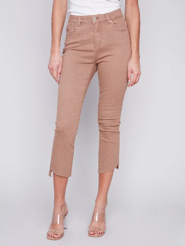 Cropped Bootcut Twill Pants with Asymmetrical Hem - Caramel