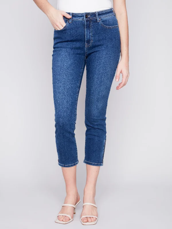 Cropped Jeans with Zipper Detail - Indigo