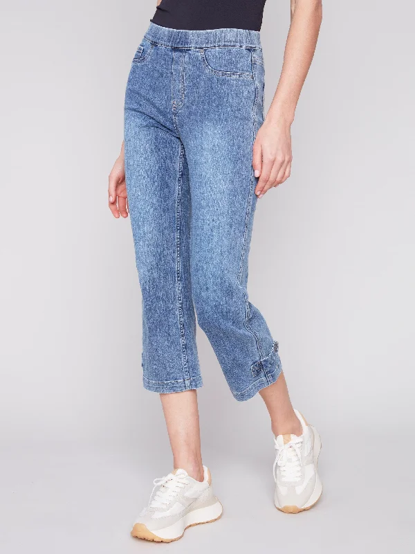 Cropped Pull-On Jeans with Hem Tab - Medium Blue