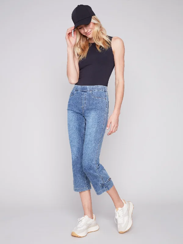 Cropped Pull-On Jeans with Hem Tab - Medium Blue