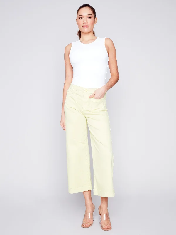 Cropped Wide Leg Twill Pants - Anise