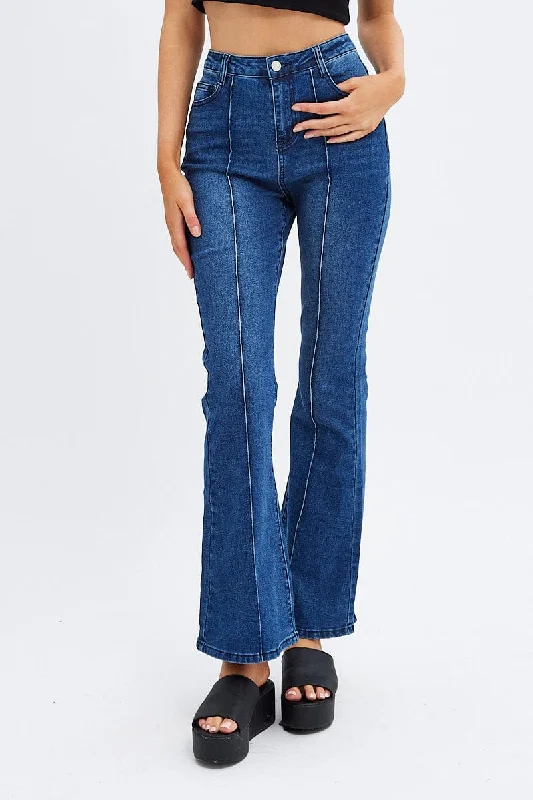 Denim Flare Jeans Mid Rise Pintuck